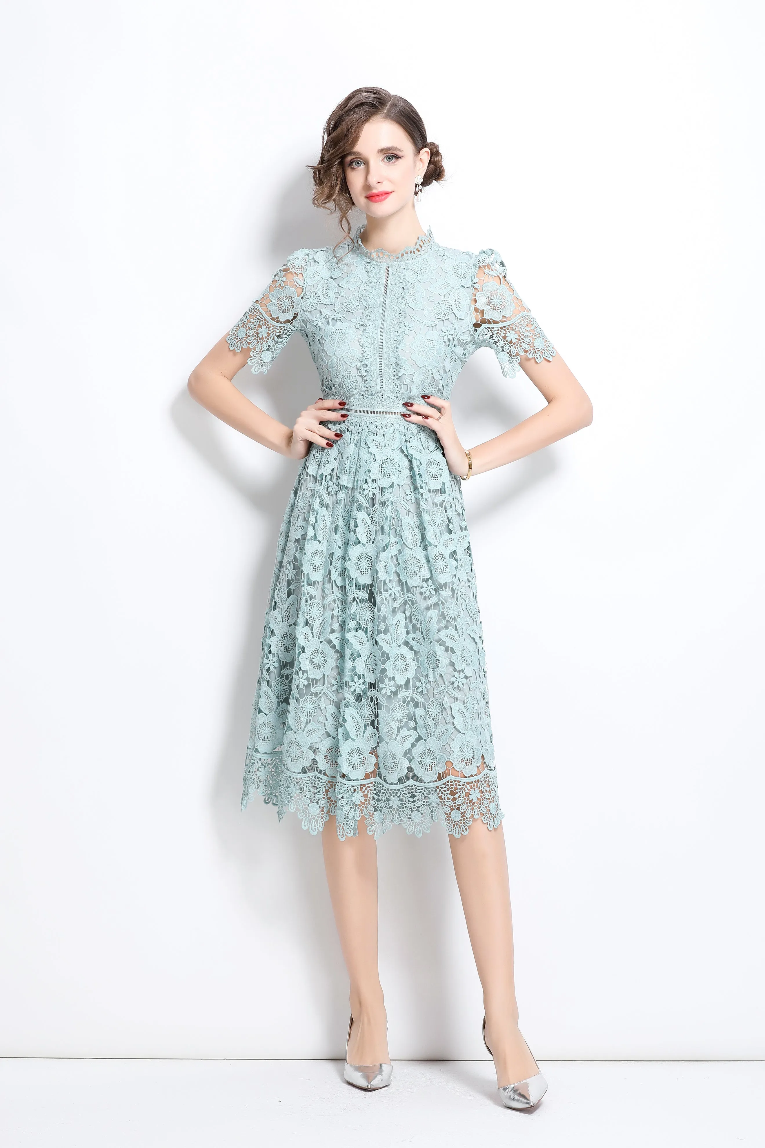 Women's Floral Lace Waist Crochet Midi Dress