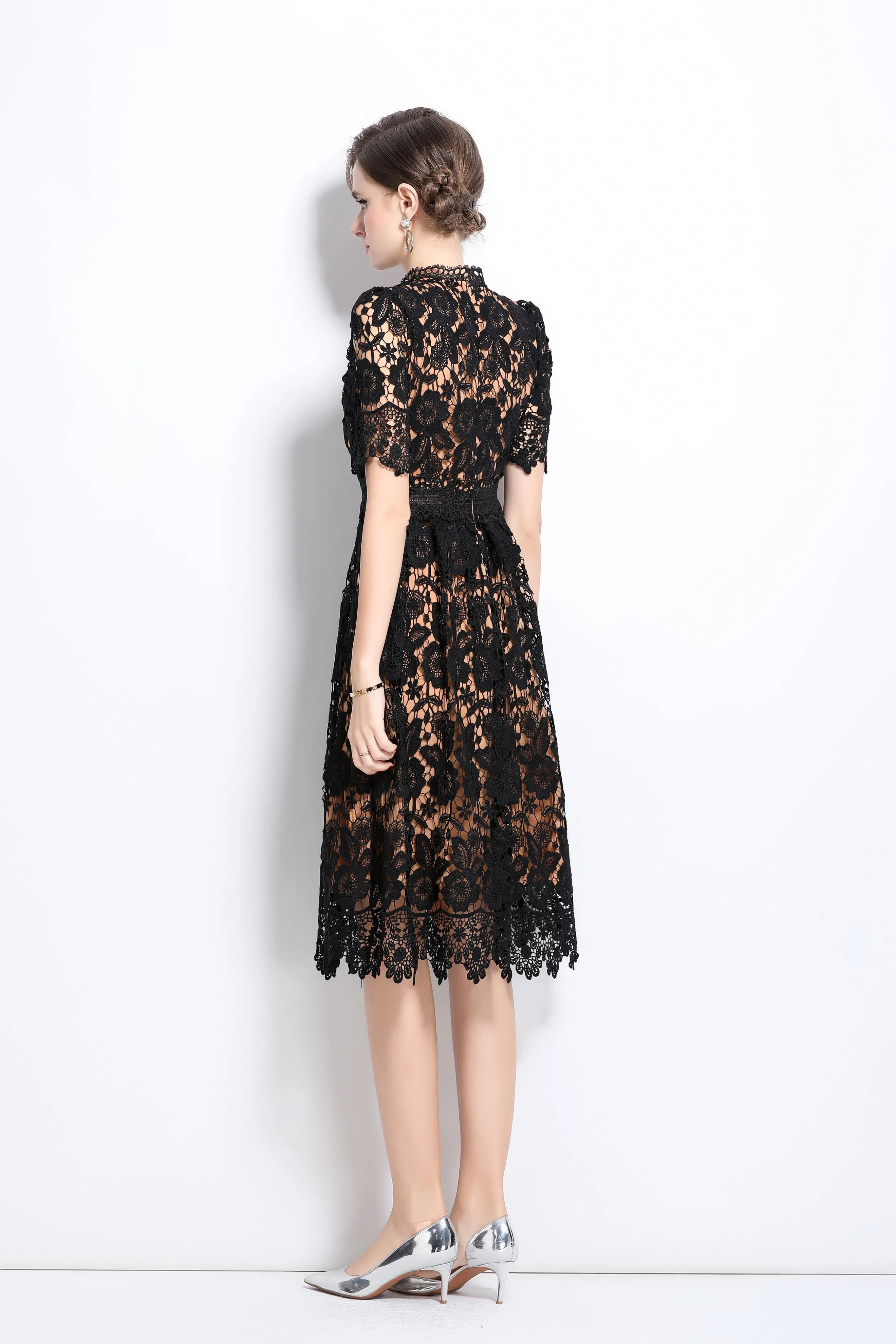 Women's Floral Lace Waist Crochet Midi Dress