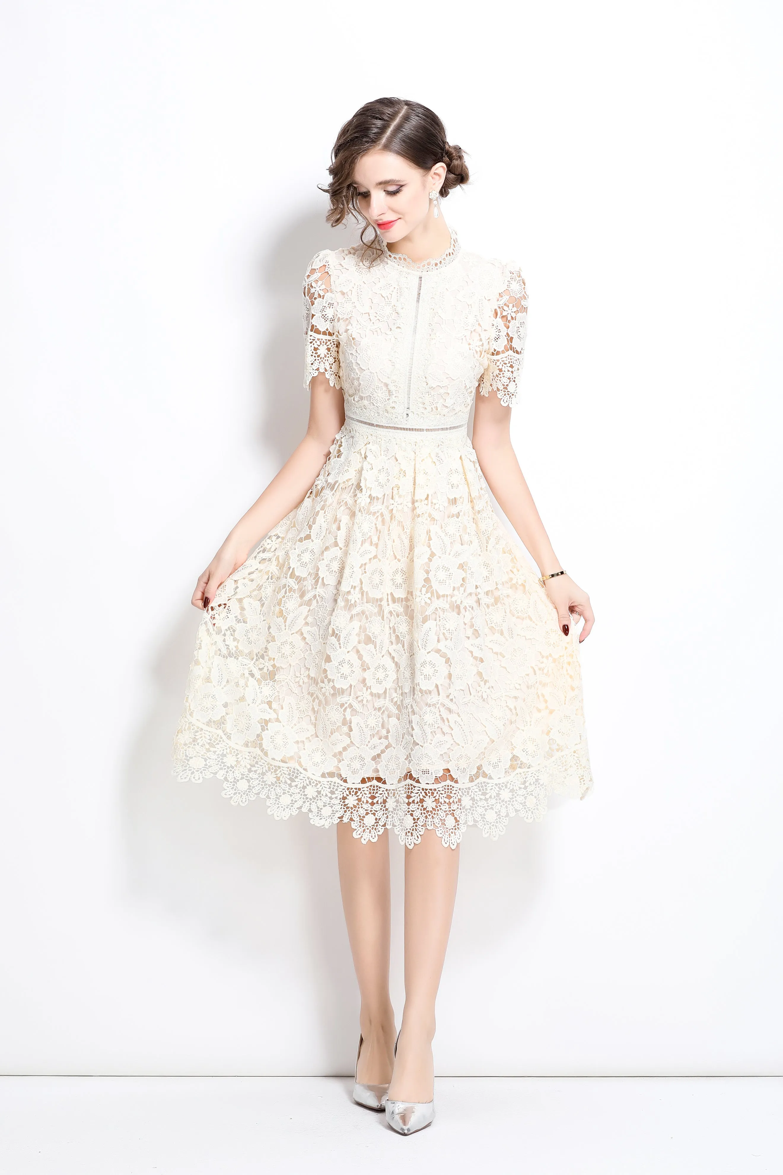 Women's Floral Lace Waist Crochet Midi Dress