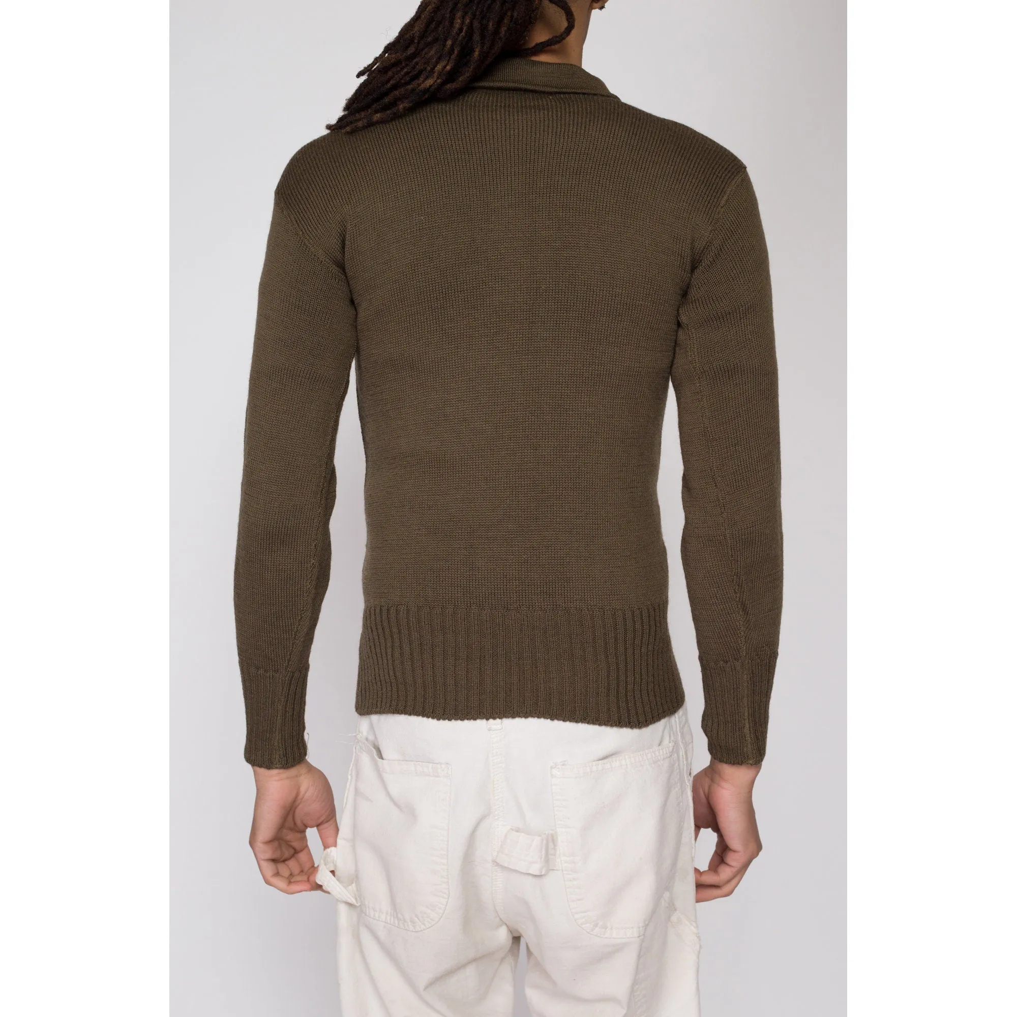 XS 1950s Olive Green Wool Military Henley Sweater