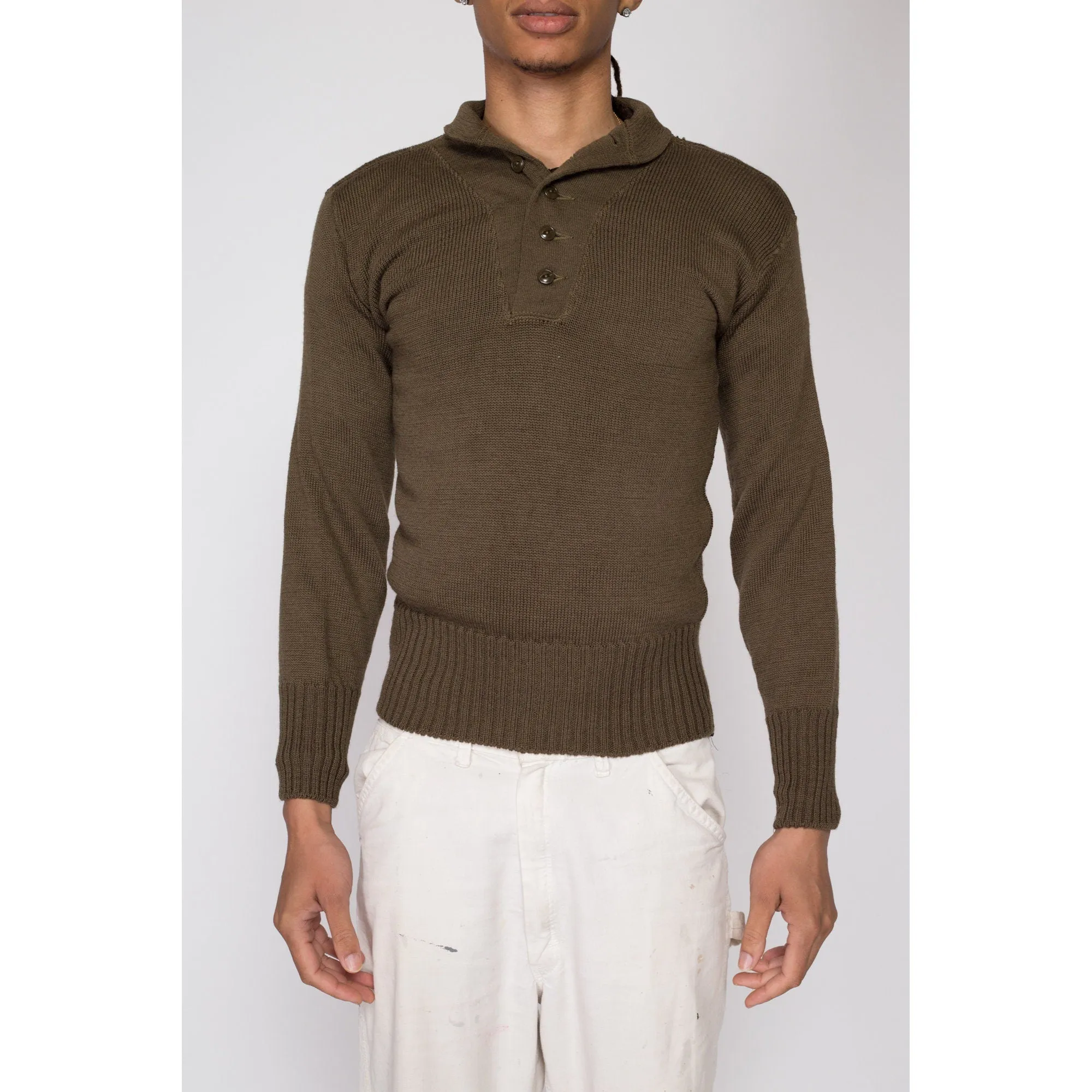 XS 1950s Olive Green Wool Military Henley Sweater
