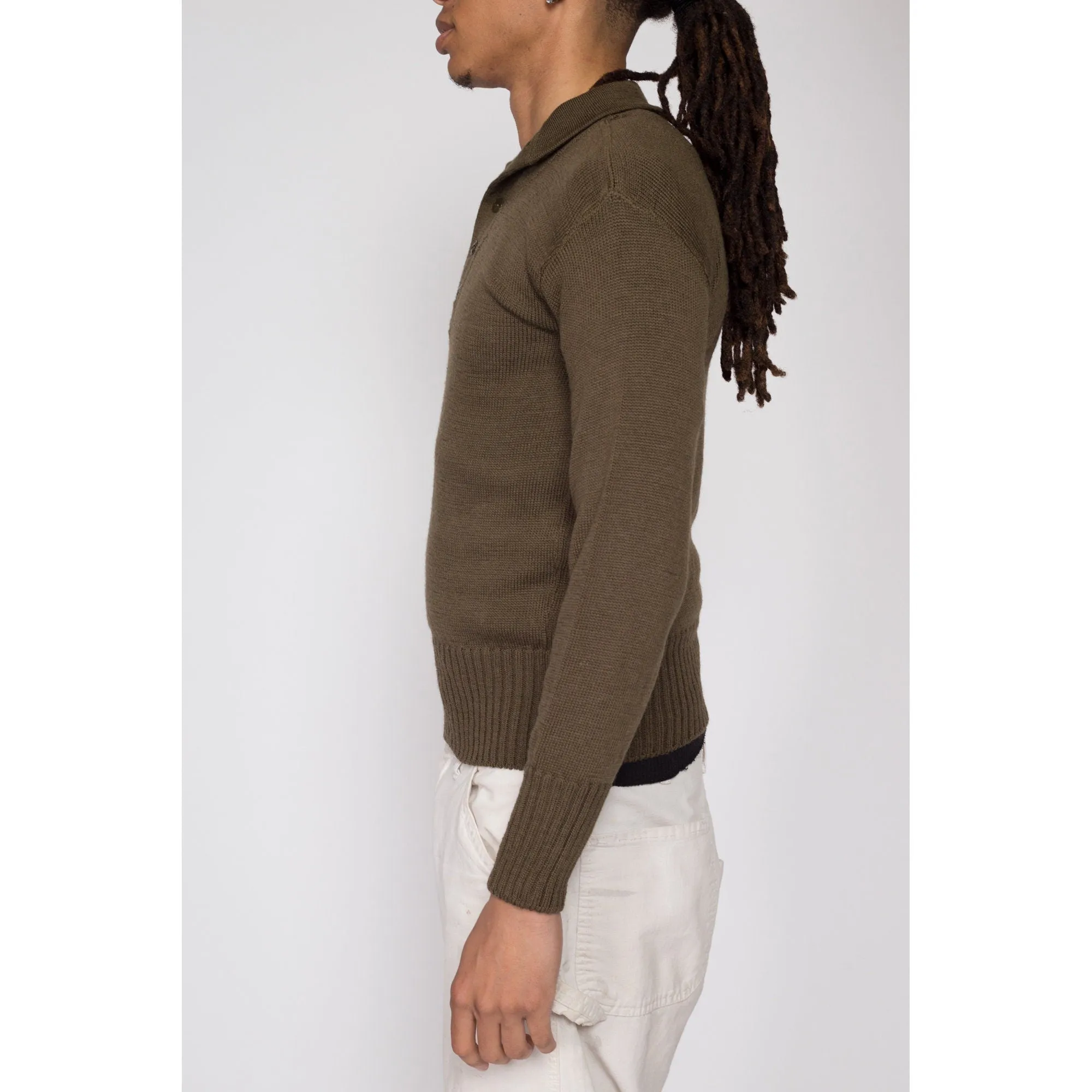 XS 1950s Olive Green Wool Military Henley Sweater