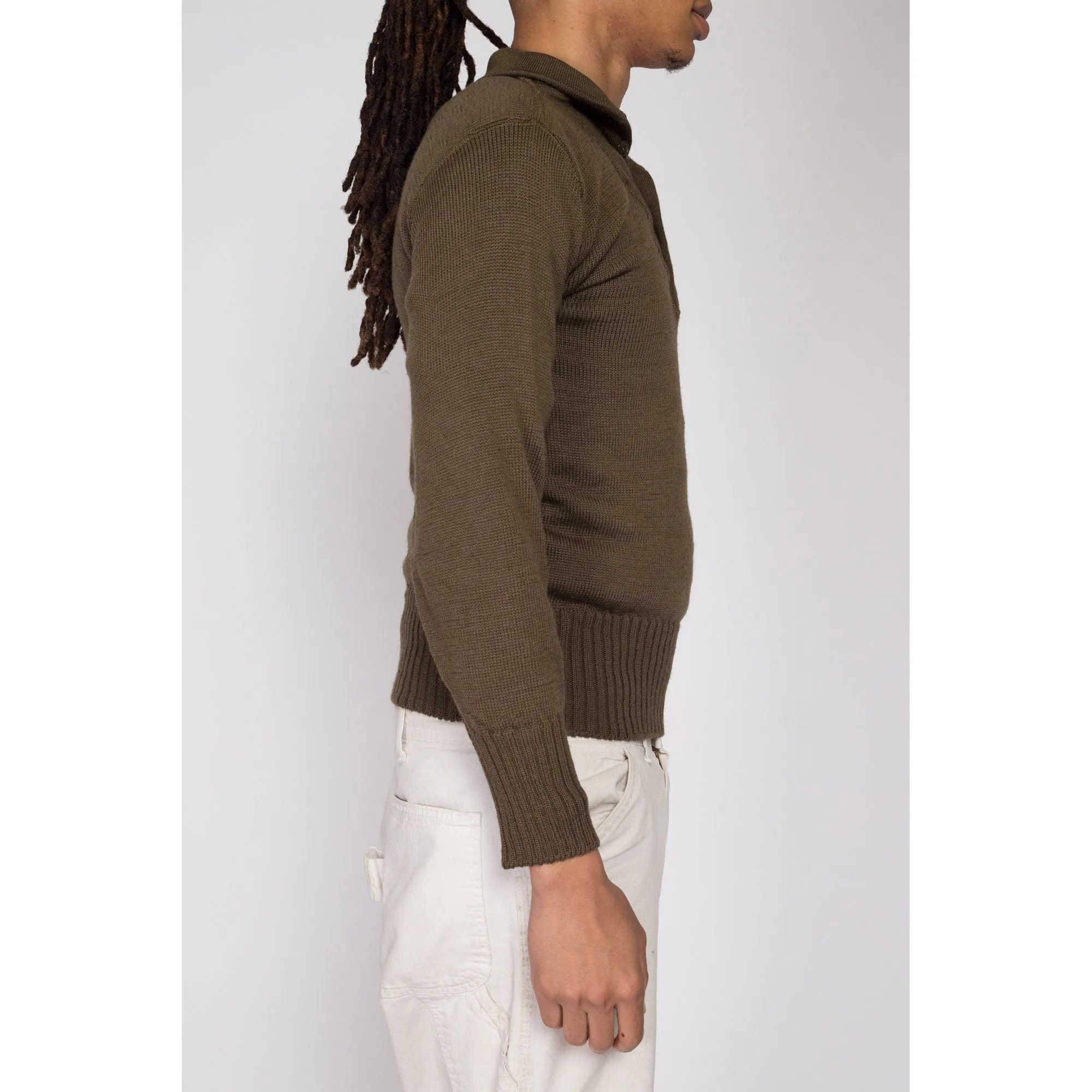 XS 1950s Olive Green Wool Military Henley Sweater