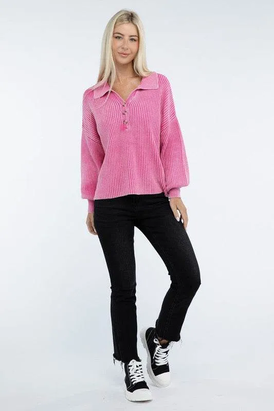 Zenana Washed Collared Henley Hip Length Sweater