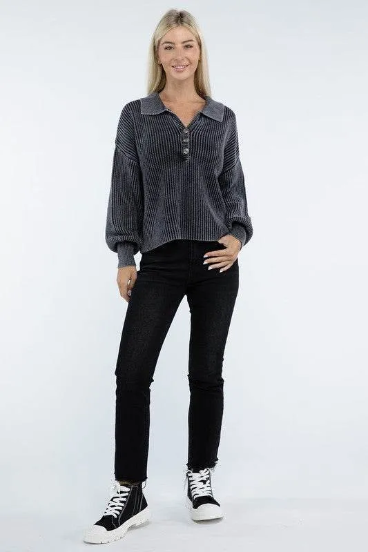 Zenana Washed Collared Henley Hip Length Sweater