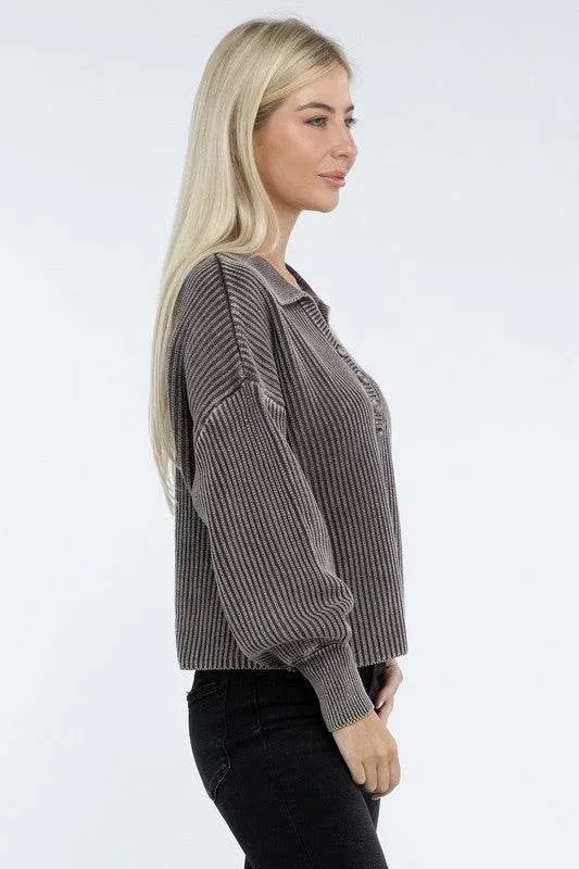 Zenana Washed Collared Henley Hip Length Sweater