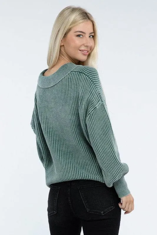 Zenana Washed Collared Henley Hip Length Sweater