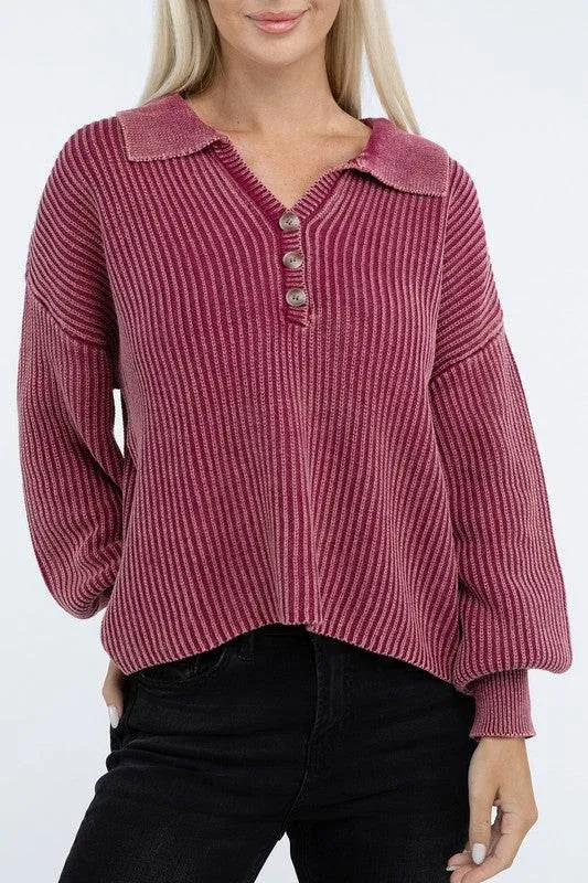 Zenana Washed Collared Henley Hip Length Sweater