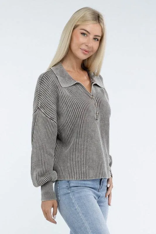 Zenana Washed Collared Henley Hip Length Sweater