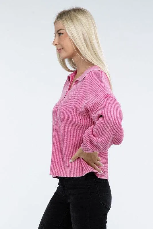 Zenana Washed Collared Henley Hip Length Sweater