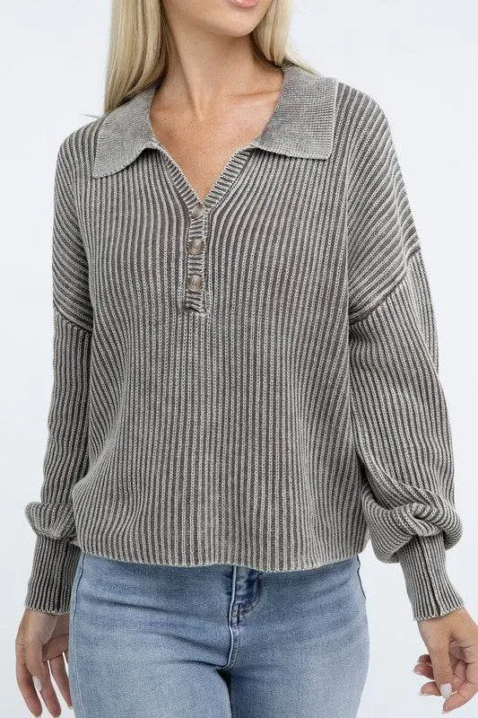Zenana Washed Collared Henley Hip Length Sweater