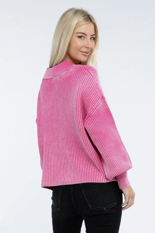 Zenana Washed Collared Henley Hip Length Sweater