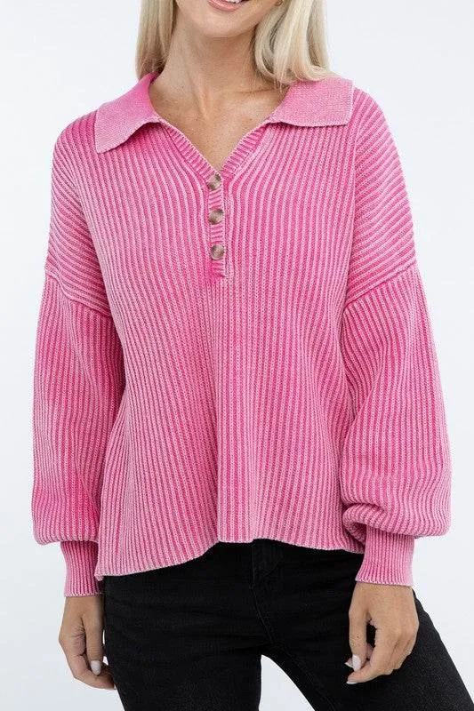 Zenana Washed Collared Henley Hip Length Sweater