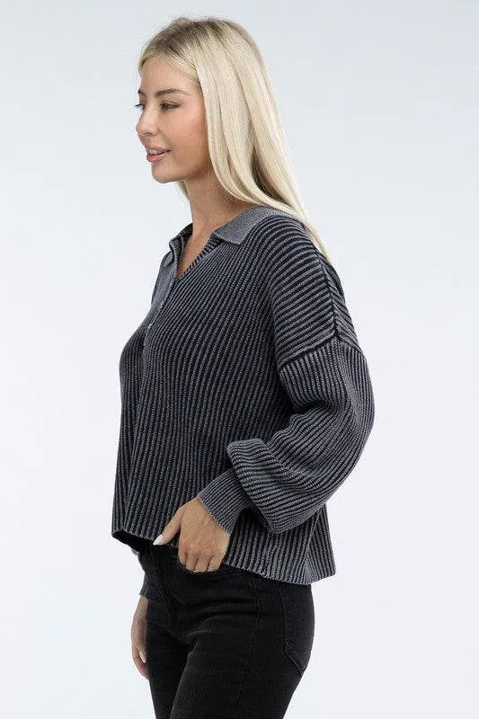 Zenana Washed Collared Henley Hip Length Sweater