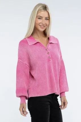 Zenana Washed Collared Henley Hip Length Sweater