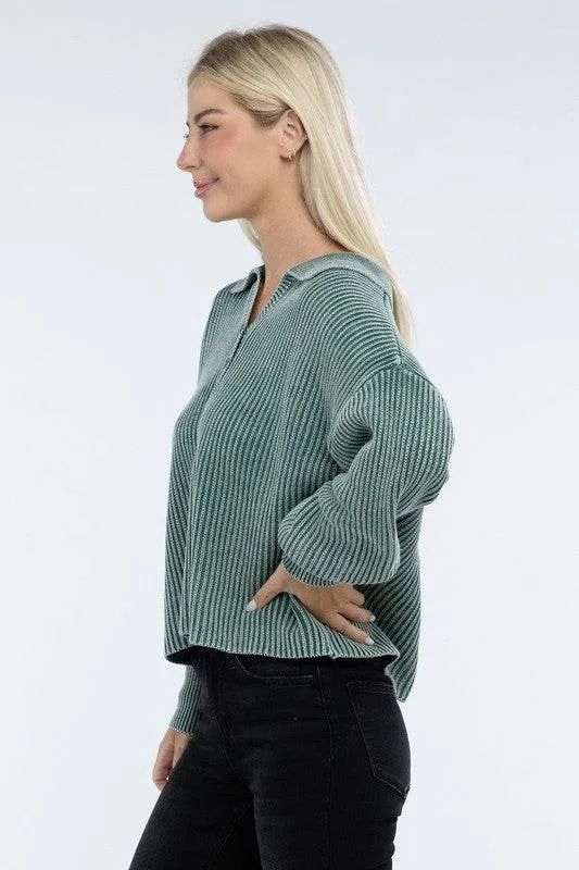 Zenana Washed Collared Henley Hip Length Sweater