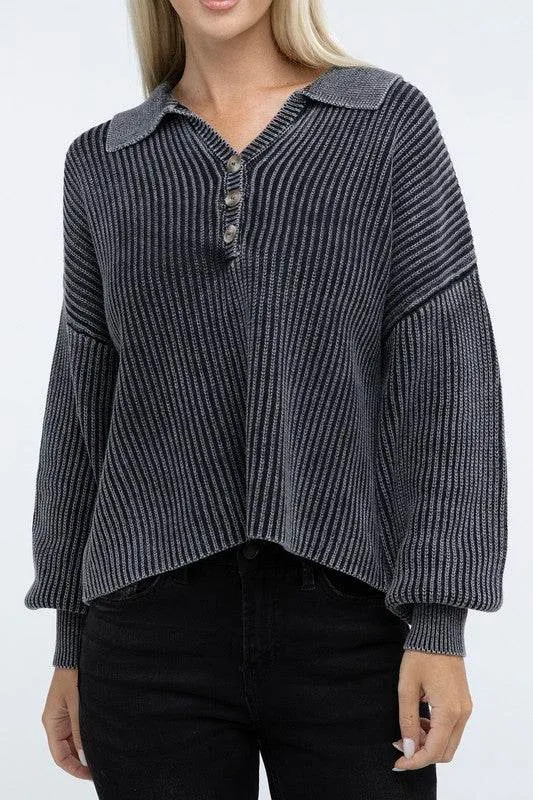 Zenana Washed Collared Henley Hip Length Sweater