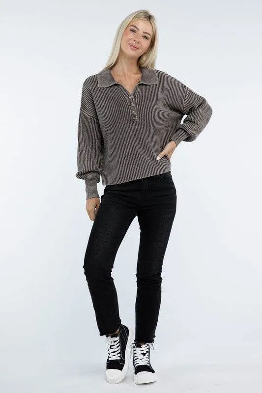 Zenana Washed Collared Henley Hip Length Sweater