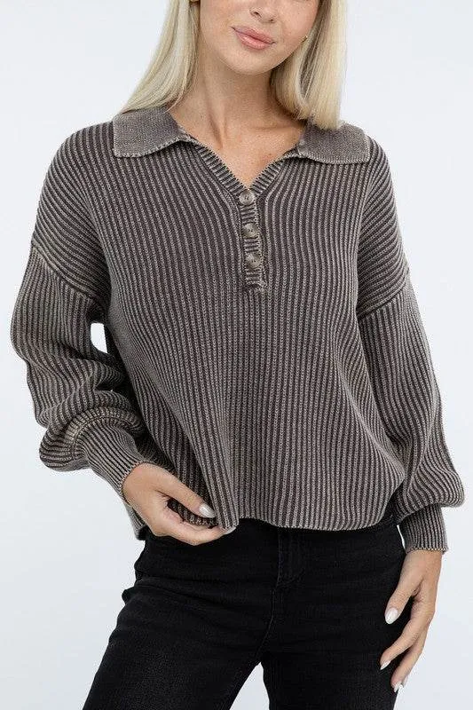 Zenana Washed Collared Henley Hip Length Sweater