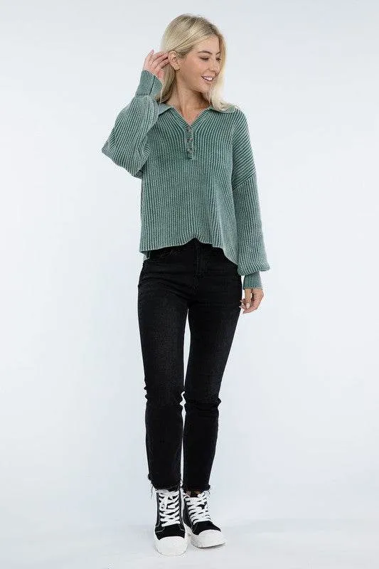 Zenana Washed Collared Henley Hip Length Sweater