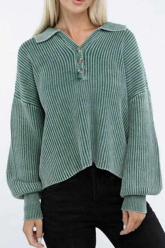 Zenana Washed Collared Henley Hip Length Sweater