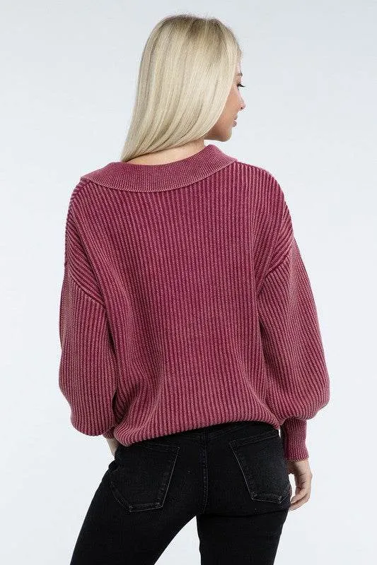 Zenana Washed Collared Henley Hip Length Sweater