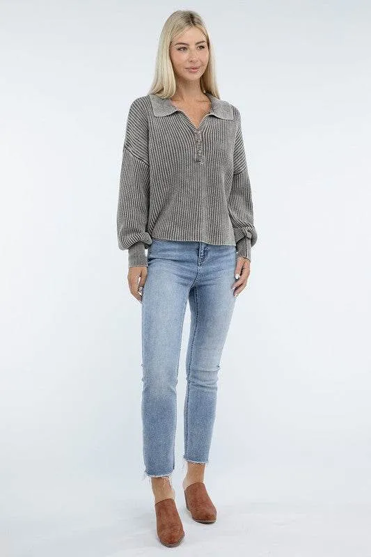 Zenana Washed Collared Henley Hip Length Sweater