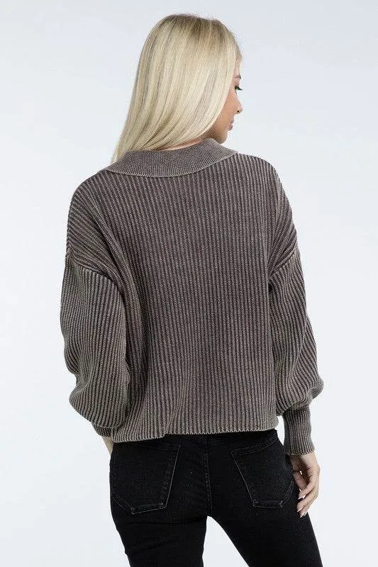 Zenana Washed Collared Henley Hip Length Sweater