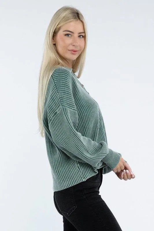 Zenana Washed Collared Henley Hip Length Sweater