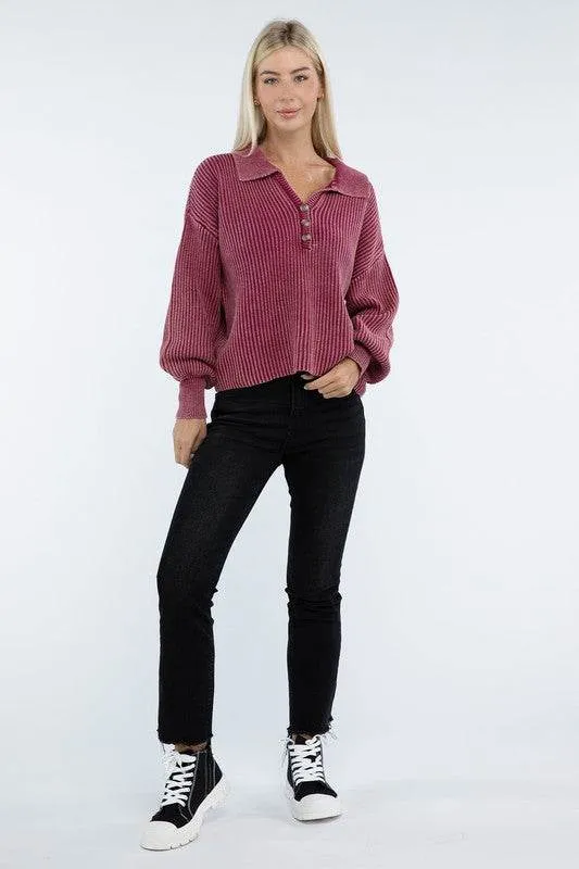 Zenana Washed Collared Henley Hip Length Sweater