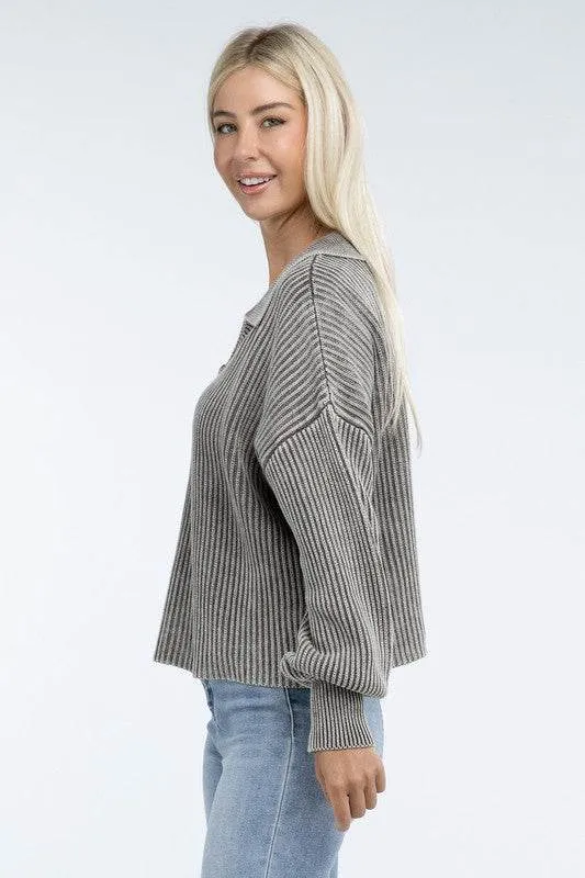 Zenana Washed Collared Henley Hip Length Sweater