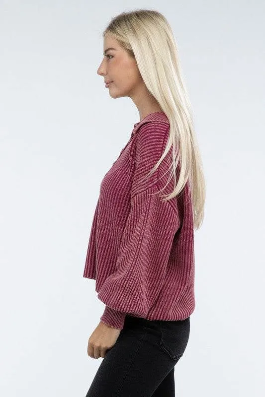 Zenana Washed Collared Henley Hip Length Sweater
