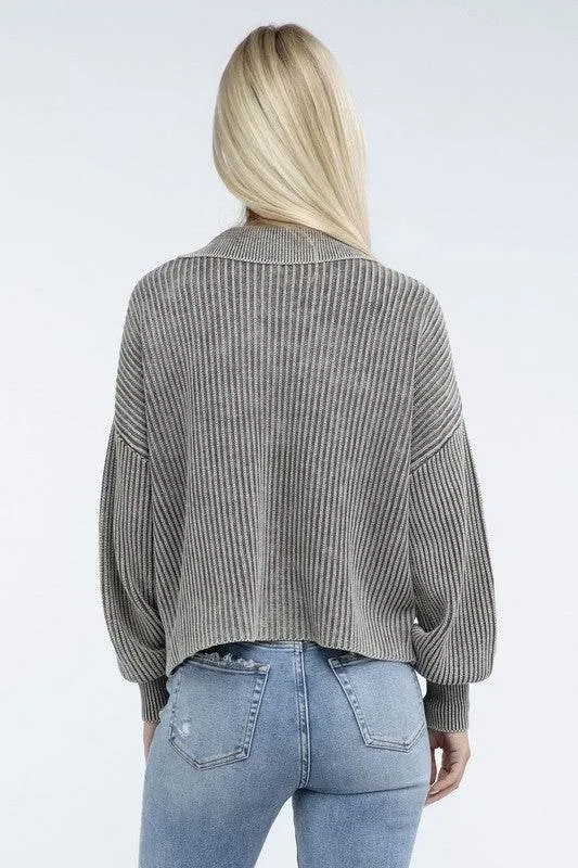 Zenana Washed Collared Henley Hip Length Sweater